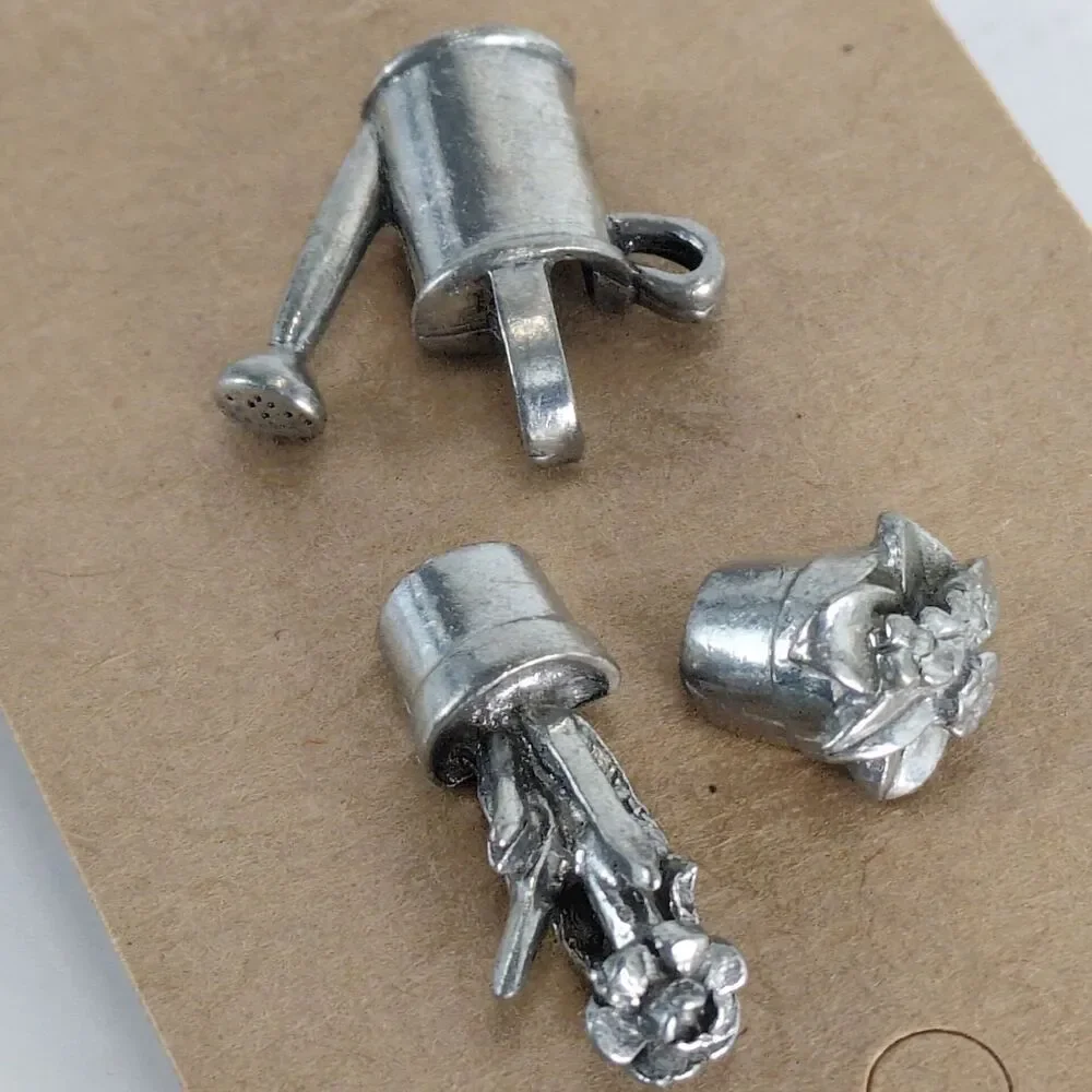 Set 3 Jim Clift Pewter Garden Lapel Tack Pins, Vintage 90s, Watering Can Flowers